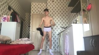Russian student cumshot on himself in white socks - 1 image