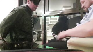 CRAZY HARD BDSM THREESOME -YOUNG MILITARY SLAVE and 2 DOMINS- PISS, SLAP, SPANK and HARD MOUTH FUCK - 7 image