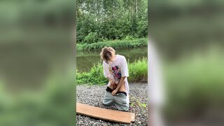 Masturbation with cum in the public woods by the lake - 1 image