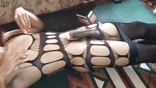 Twink in mesh dress and stockings busts a huge load on himself - 2 image
