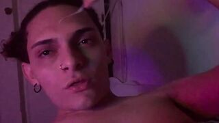 Hot Colombian Lucian Romeo spits on his chest and masturbates his big cock until cums on his body to enjoy the sperma in his mouth - 14 image