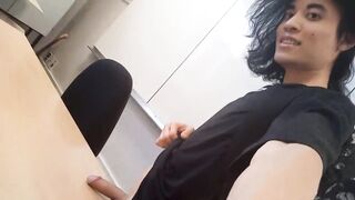 Cum at school, this horny student twink wanks his smooth cock and squirts jizz riskyly at school in a classroom on classmate desk, Jon Arteen jerks off at university, making a hot solo gay porn video - 7 image