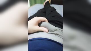 The guy rubs his dick and jerks off with a rubber band from his panties - 6 image