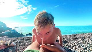 Skinny twinky sucked the big of a stranger jerking off to him on a public beach - 10 image