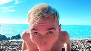 Skinny twinky sucked the big of a stranger jerking off to him on a public beach - 13 image