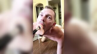 Faggot gags and spits on deep throat fuck machine dildo - 11 image