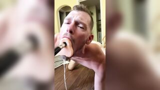 Faggot gags and spits on deep throat fuck machine dildo - 13 image