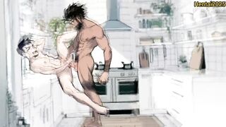 Interracial Twink and Muscled Black College Roommates in the Kitchen Anal Sex Gay Cartoon Hentai Animation - 4 image