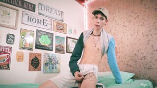 Sport Twink Magic C Jerking His Big Cock Through The Side of His Shorts