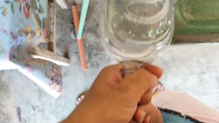 Malleable stick in the disinfectant bottle of the young straight slave. - 4 image