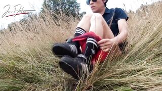 Asian Gay Twink Have Fun Outdoor with a Plug in His Delicate Ass Hole and Cums on His Polo Shirt and Arm - 4 image