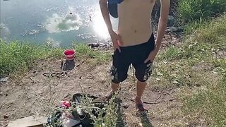 Guy jerking off in nature and fishing