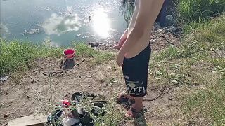 Guy jerking off in nature and fishing - 4 image