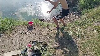 Guy jerking off in nature and fishing - 7 image