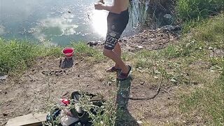 Guy jerking off in nature and fishing - 8 image