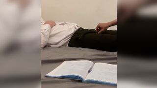 Teacher and student. Old teacher gets first time helping hand from young 18 virgin student handjob with big hot cum. - 2 image