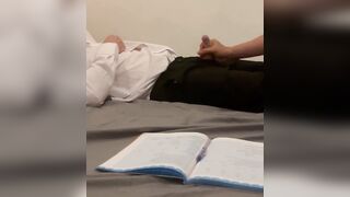 Teacher and student. Old teacher gets first time helping hand from young 18 virgin student handjob with big hot cum. - 5 image