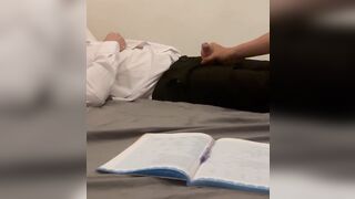 Teacher and student. Old teacher gets first time helping hand from young 18 virgin student handjob with big hot cum. - 6 image