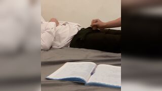 Teacher and student. Old teacher gets first time helping hand from young 18 virgin student handjob with big hot cum.