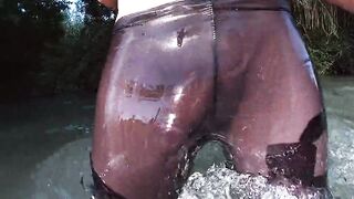 Jerking off in a public river untill I drop a massive cumshot in my see through leggings - 3 image