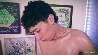 Sexy Twink Jacobo Torres Jerking His Big Uncut Cock With Oil And Shooting A Big Cum Load - 11 image