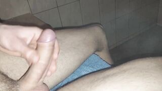 Twink dude jerks off dick and shoots his young load at public sauna while steaming - 5 image