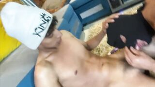 Latin threesome with a muscular hooded man - 4 image