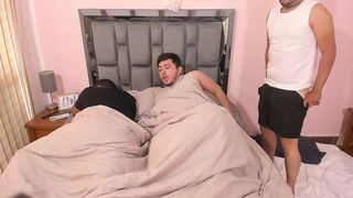Fucking my best friend's boyfriend bareback while he sleeps and almost discovers us, fucked in his own bed. - 1 image