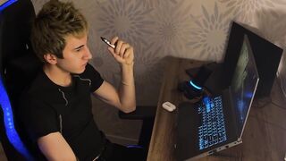 Guy with a big cock juicy fucks in the mouth of a cute twink, throat blowjob - 1 image