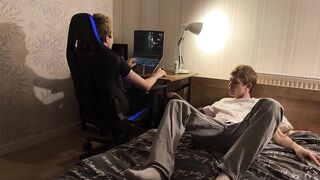 Guy with a big cock juicy fucks in the mouth of a cute twink, throat blowjob