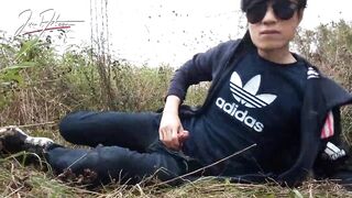 Cute gay Asian twink Jon Arteen speaks French, masturbates his smooth penis in the rain, lubricated with his saliva, moans, ejaculates sticky cum on his fingers - 13 image