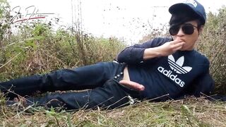 Cute gay Asian twink Jon Arteen speaks French, masturbates his smooth penis in the rain, lubricated with his saliva, moans, ejaculates sticky cum on his fingers - 14 image