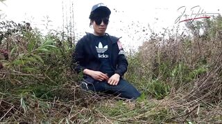 Cute gay Asian twink Jon Arteen speaks French, masturbates his smooth penis in the rain, lubricated with his saliva, moans, ejaculates sticky cum on his fingers - 3 image