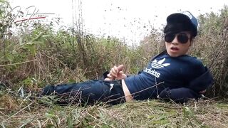 Cute gay Asian twink Jon Arteen speaks French, masturbates his smooth penis in the rain, lubricated with his saliva, moans, ejaculates sticky cum on his fingers - 9 image