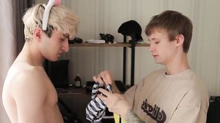 two guys with big cocks got excited by a cute twink, juicy deepthroat blowjob and fucking part 1 - 2 image