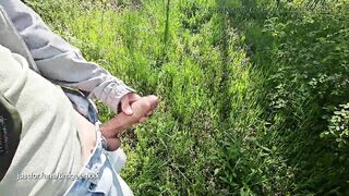 Public cruising piss in woods , jerking off my massive penis - 9 image