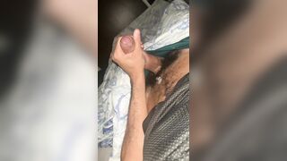 Huge hairy cock cumming lots of thick cum after waking up in the morning - 1 image
