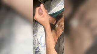 Huge hairy cock cumming lots of thick cum after waking up in the morning - 8 image