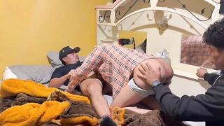 I was fucking my neighbor bareback when my friend got horny and also wanted to stick his cock in until he filled his hole with cum. - 4 image