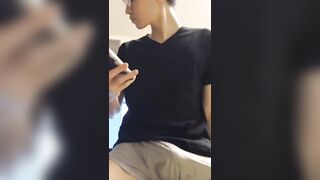 Handsome Asian guy with big cock jerking off in the room - 1 image