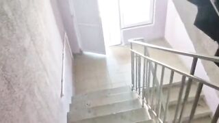 Daddy and twink fucked roughly on the stairs near the neighbors , fucked without condoms , sprayed everything with cum - 1 image