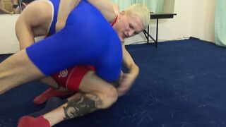 Cute twink wrestlers got horny during training and fucked right on the floor - finished in the guy's mouth - 1 image