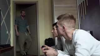 Twink brought his friends to visit - while they were playing on the console, he and his stepfather fucked them - 2 image