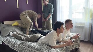 Twink brought his friends to visit - while they were playing on the console, he and his stepfather fucked them - 3 image
