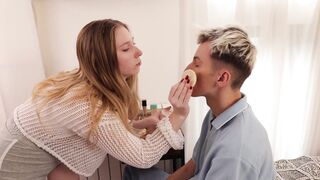 Stepdaughter and Twink share a huge cock while stepdad watches - 3 image