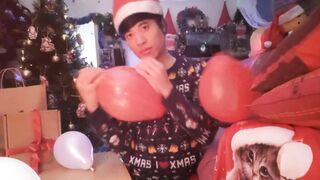 Jon Arteen blows, plays, cuddles, smells, pops tight balloons until bursting jerking off to cumming for Christmas