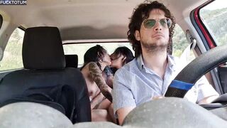 Stranded Lesbian Hitchhikers Share My Cock - DOUBLE BJ - Outdoor Standing Fuck - outdoor - double blowjob - ENGLISH SUBTITLES - 5 image