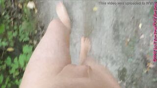 Walk in pantyhose on the forest mountain