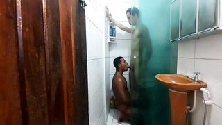 Young Brazilian amateur gets hard bareback shower with big black guy's big cock