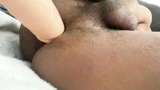 Hot black teen inserts dildos deep in her tight ass for a huge load